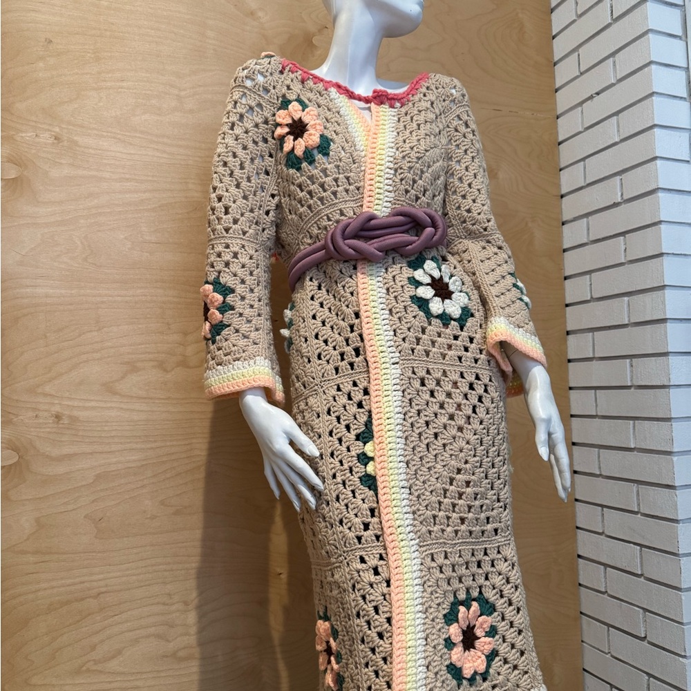 Crocheted long cardigan dress with flowers
